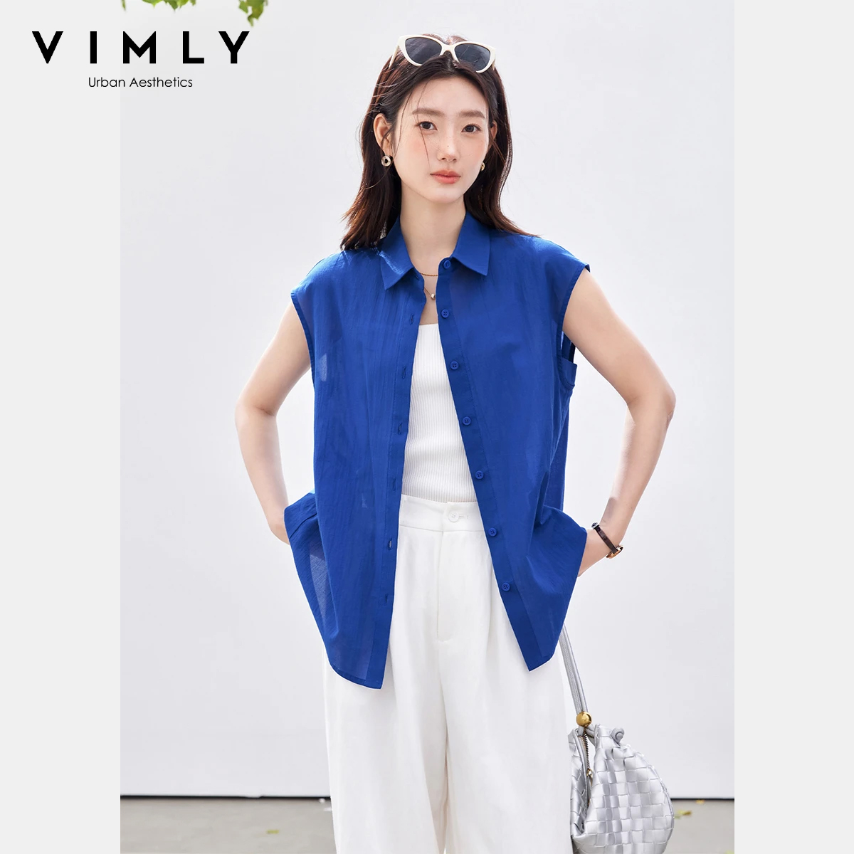 Shirt Camp Collar - VIMLY Минималистичная офисная блузка без рукавов