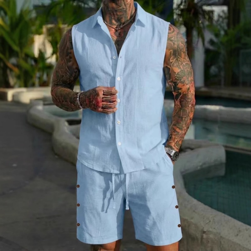 Short Linen Drawstring - Мужской комплект из 2 предметов: льняная