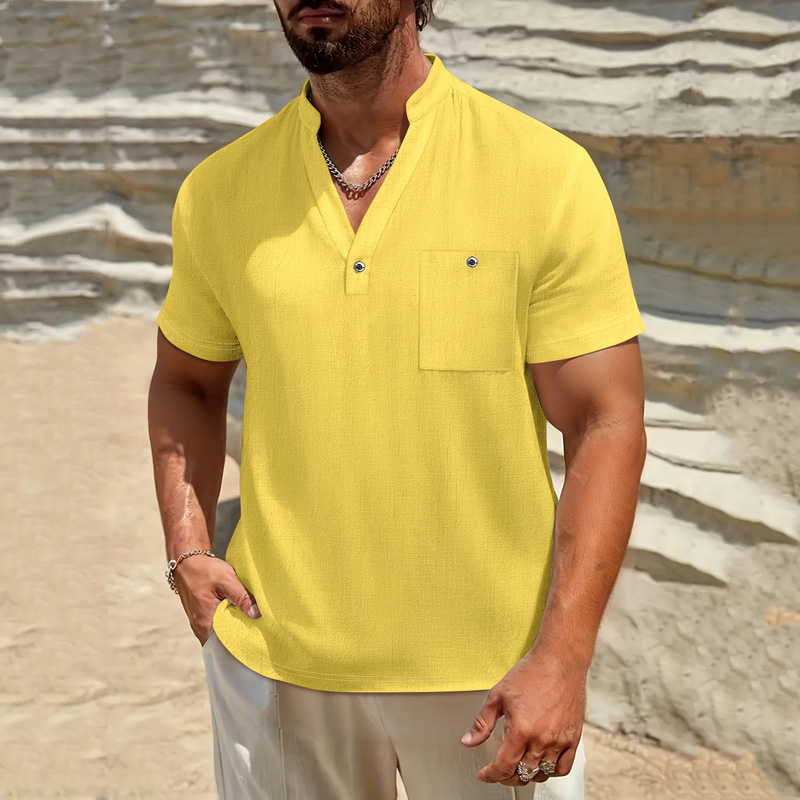 Linen Shirt Breathable - Мужская хлопково-льняная рубашка-хенли с коротким рукавом,